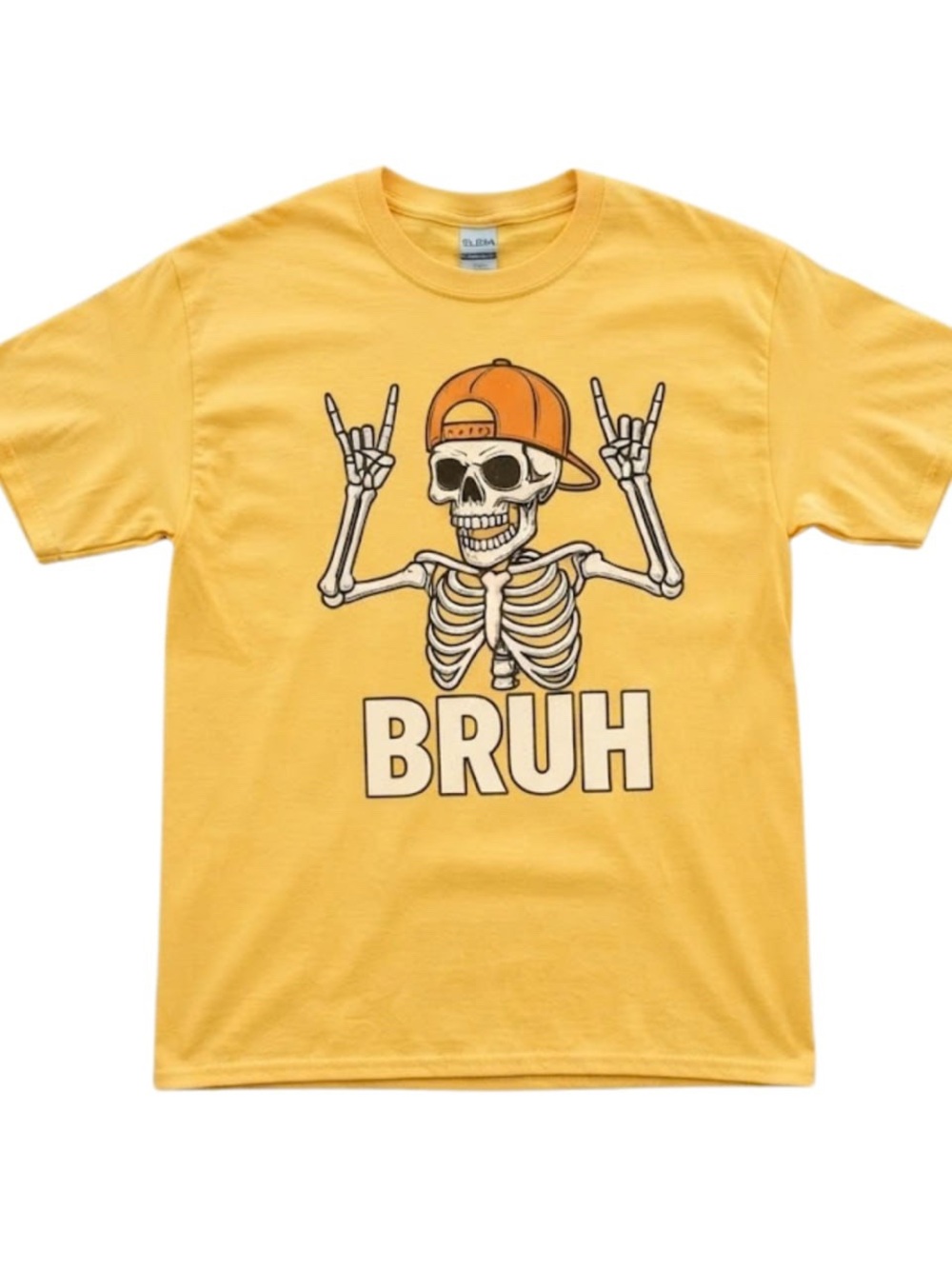 Gildan Yellow Halloween BRUH Cool Skeleton Graphic Tee